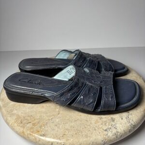 Clarks Blue‎ Leather Sandals Slip On Slides Women's 6 M Shoes Stitching Y2K